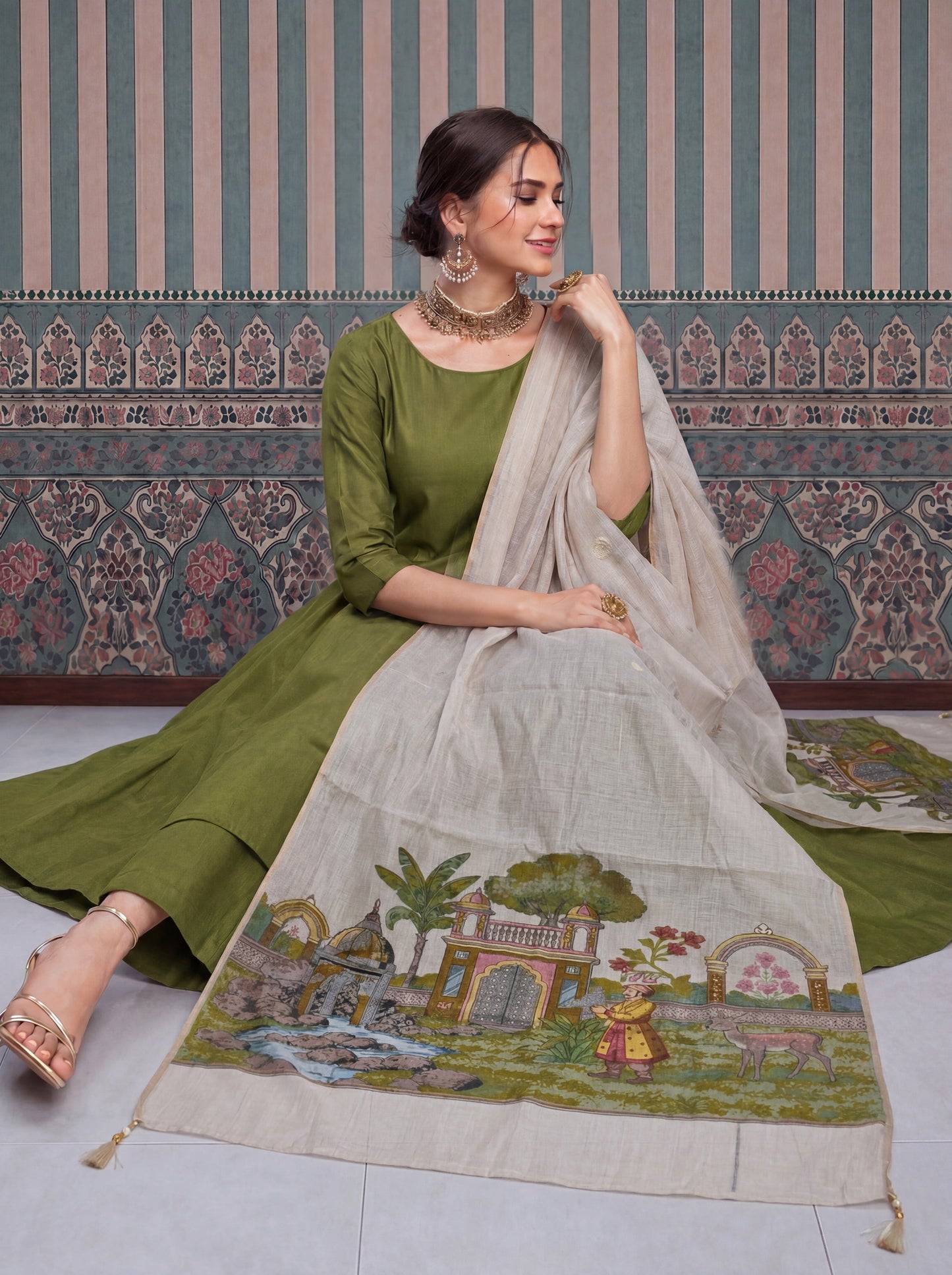 Mul Chanderi Anarkali Kurta Pant Dupatta Set