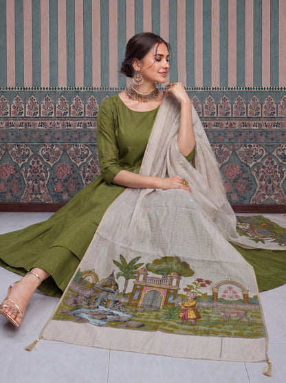 Mul Chanderi Anarkali Kurta Pant Dupatta Set