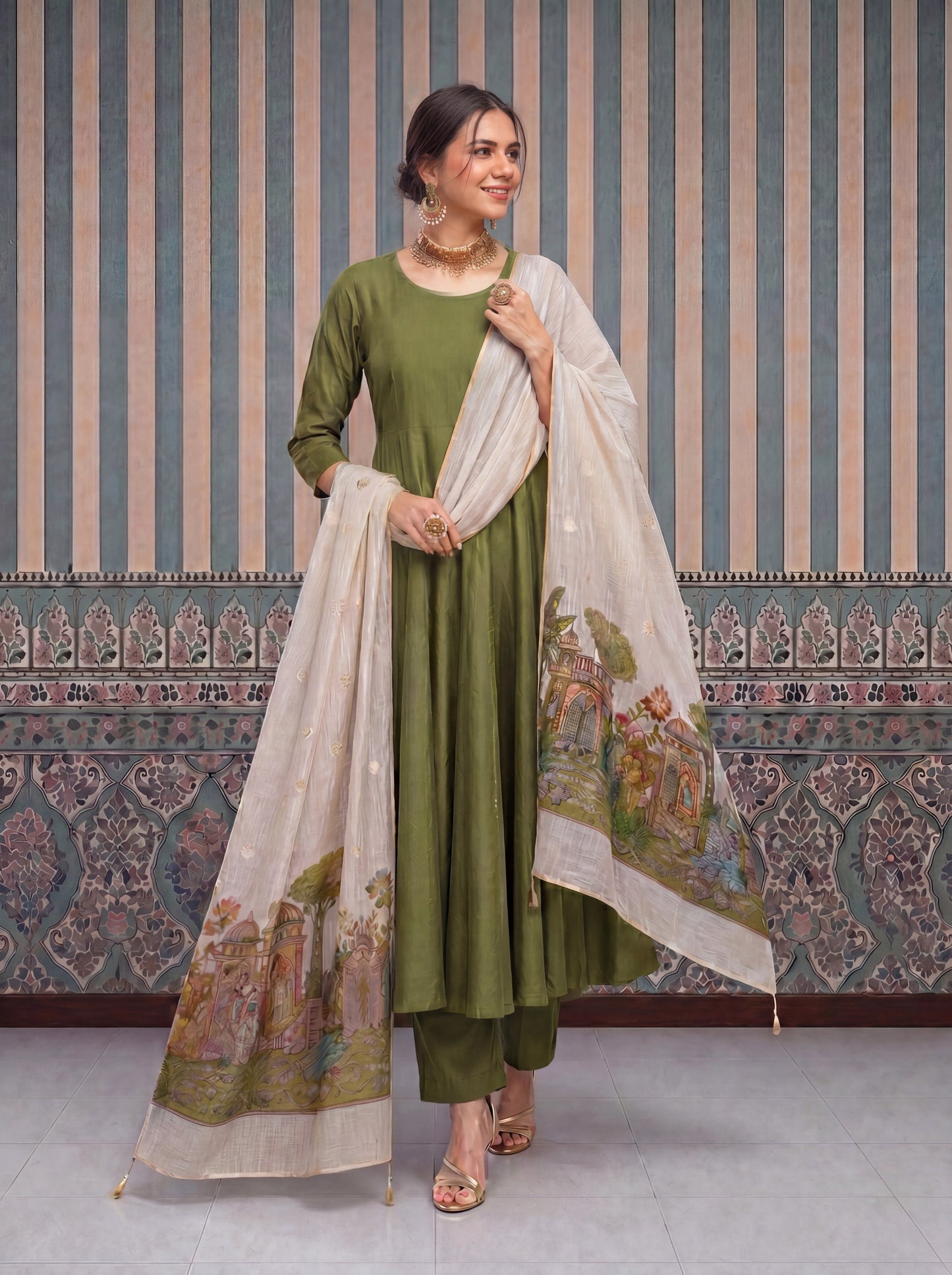 Mul Chanderi Anarkali Kurta Pant Dupatta Set