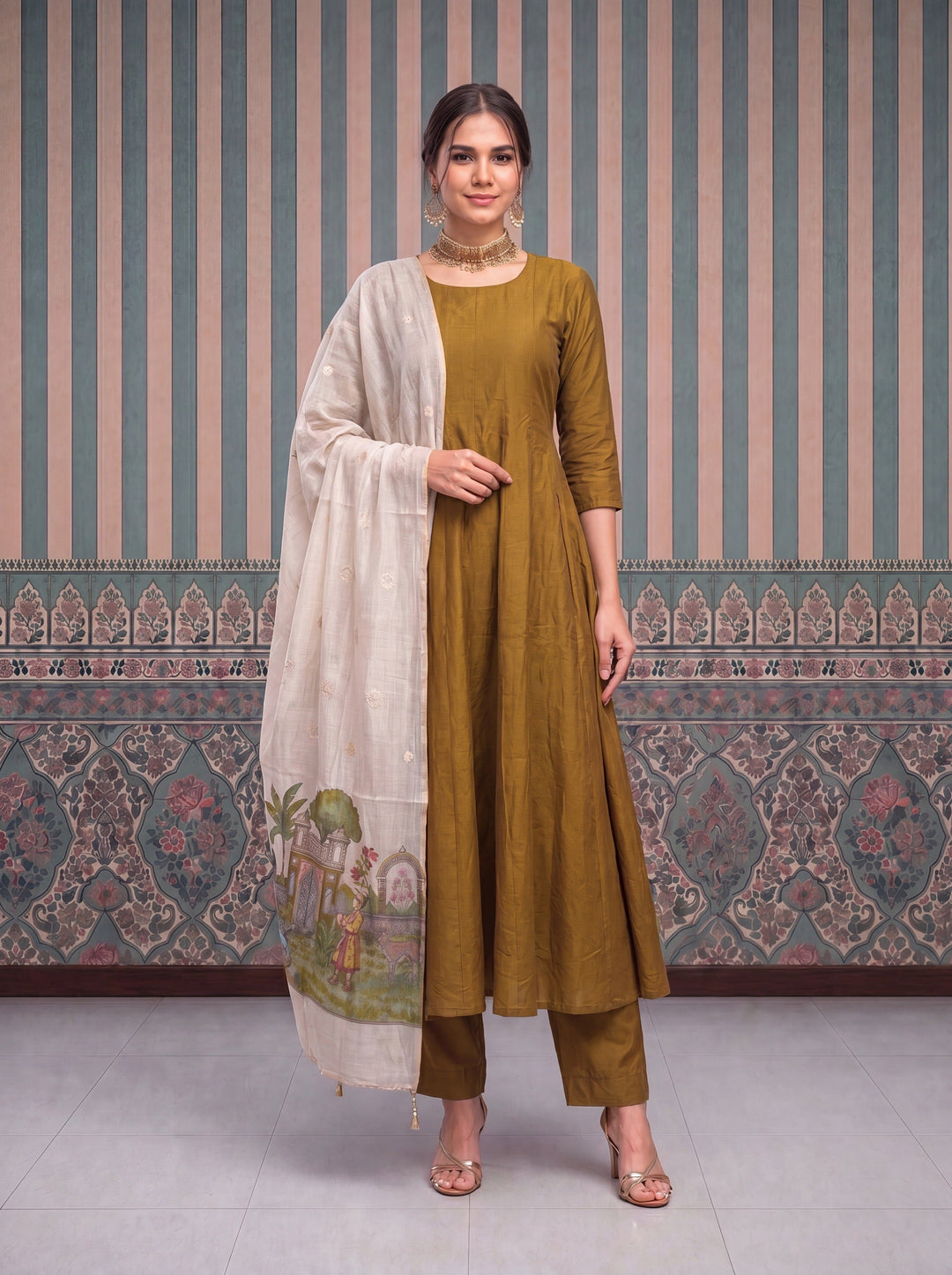 Mul Chanderi Anarkali Kurta Pant Dupatta Set