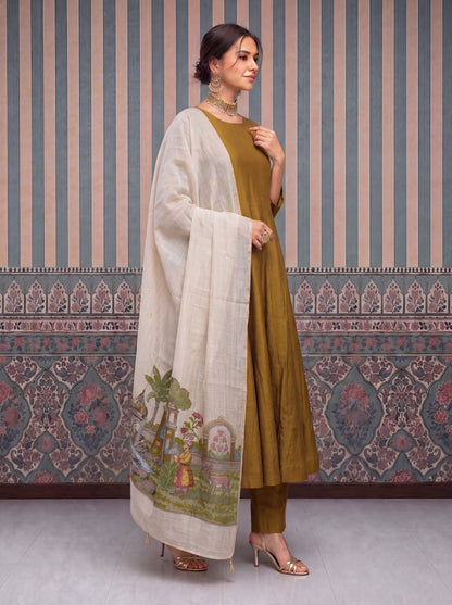 Mul Chanderi Anarkali Kurta Pant Dupatta Set