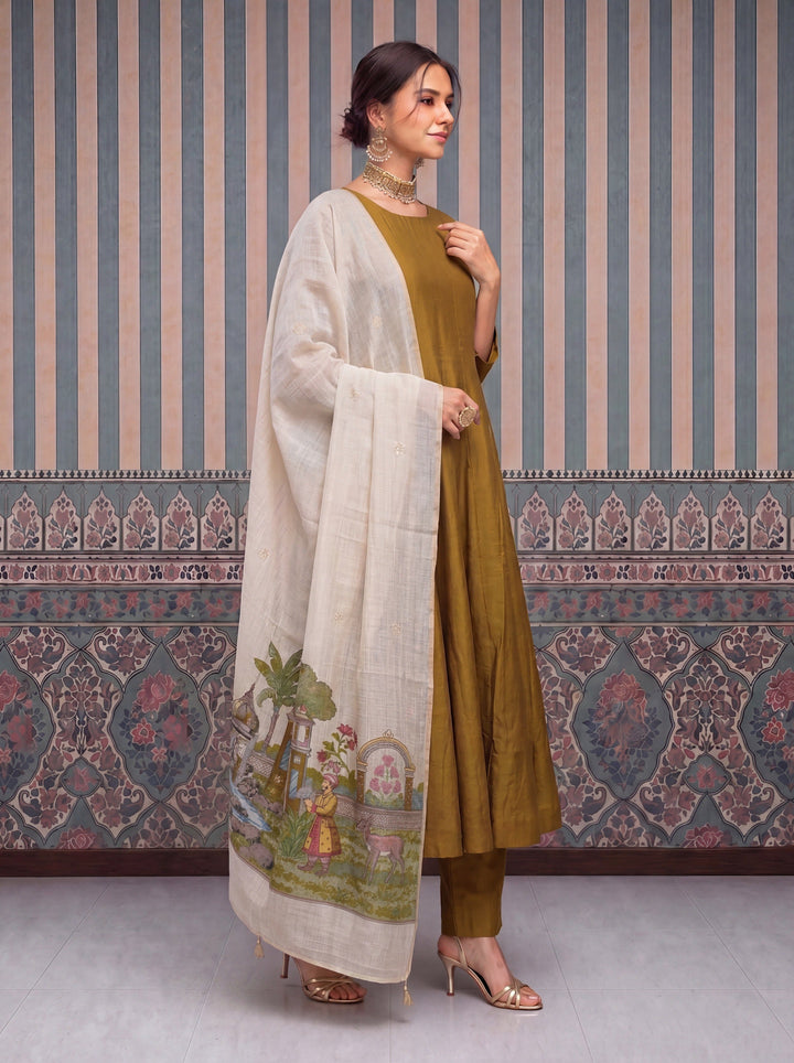 Mul Chanderi Anarkali Kurta Pant Dupatta Set