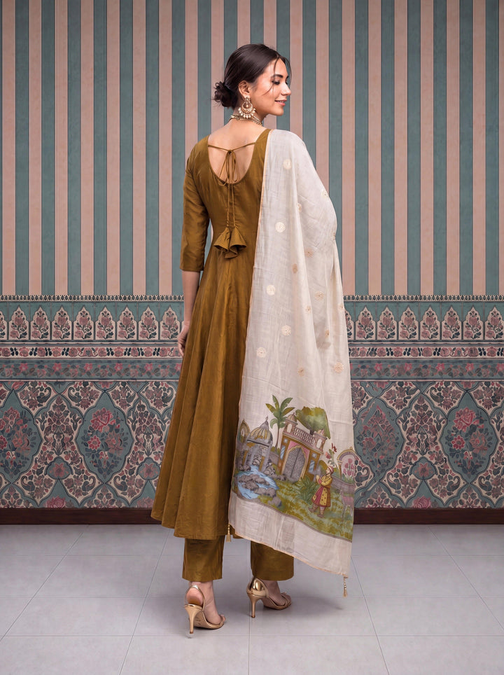 Mul Chanderi Anarkali Kurta Pant Dupatta Set