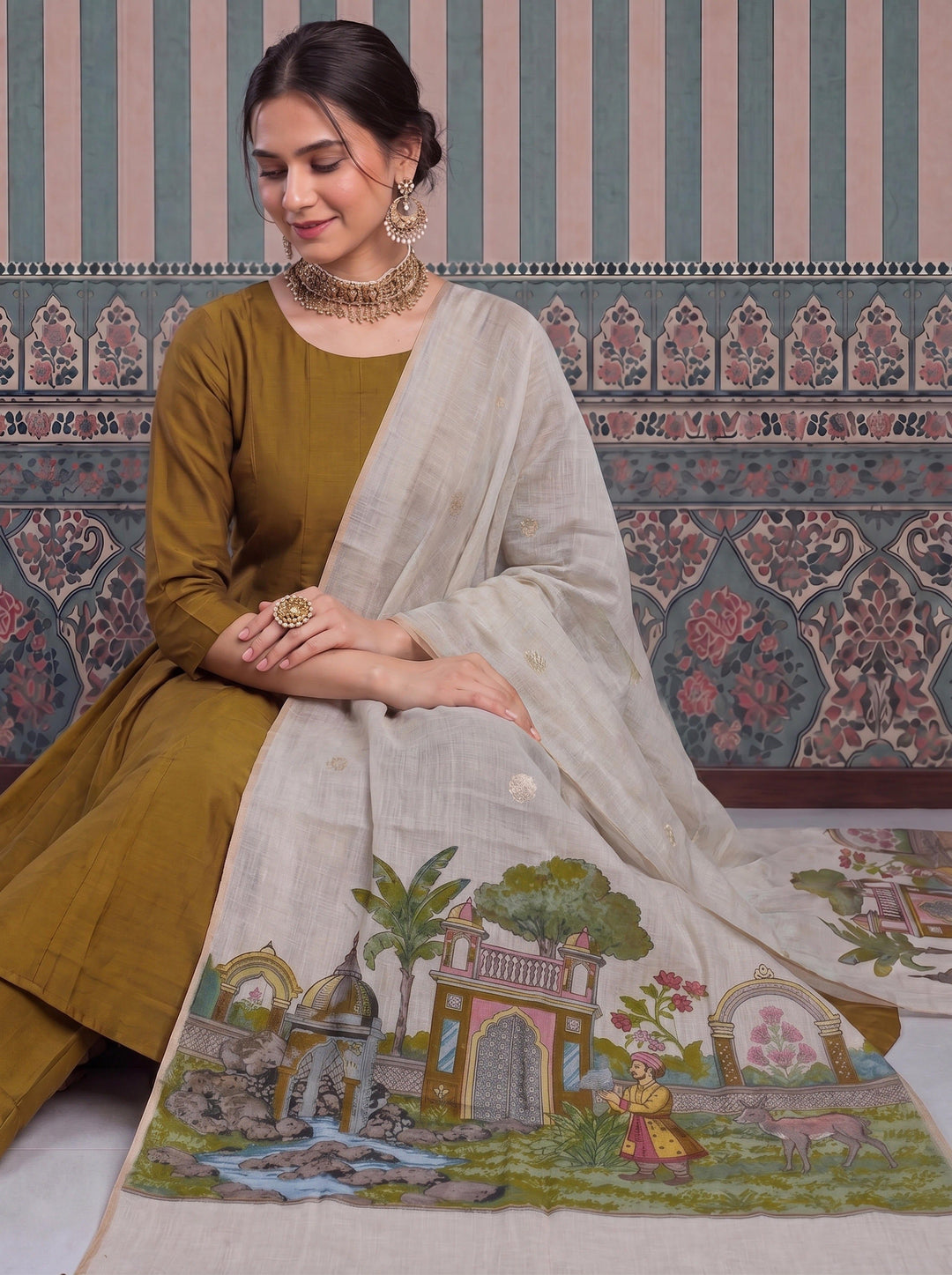 Mul Chanderi Anarkali Kurta Pant Dupatta Set