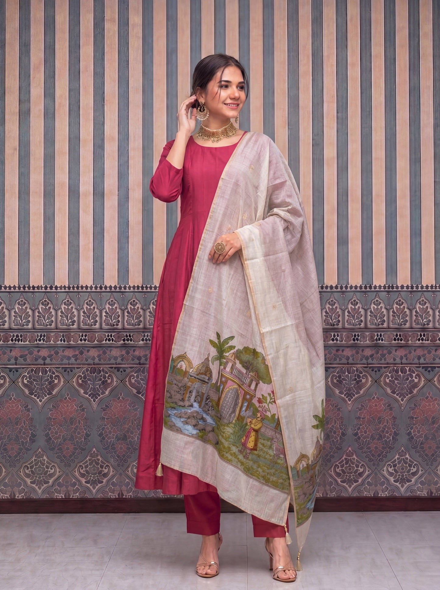 Mul Chanderi Anarkali Kurta Pant Dupatta Set