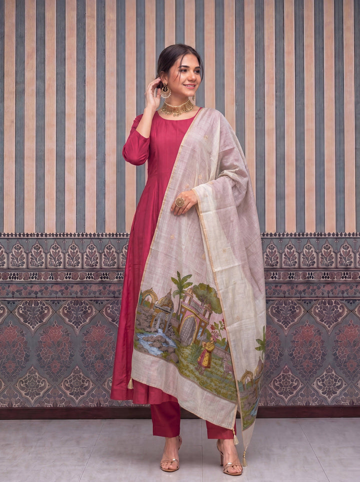 Mul Chanderi Anarkali Kurta Pant Dupatta Set
