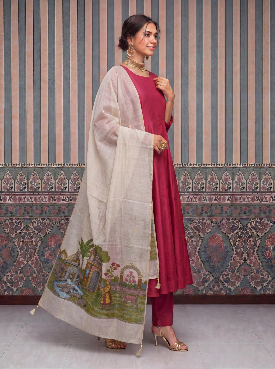 Mul Chanderi Anarkali Kurta Pant Dupatta Set
