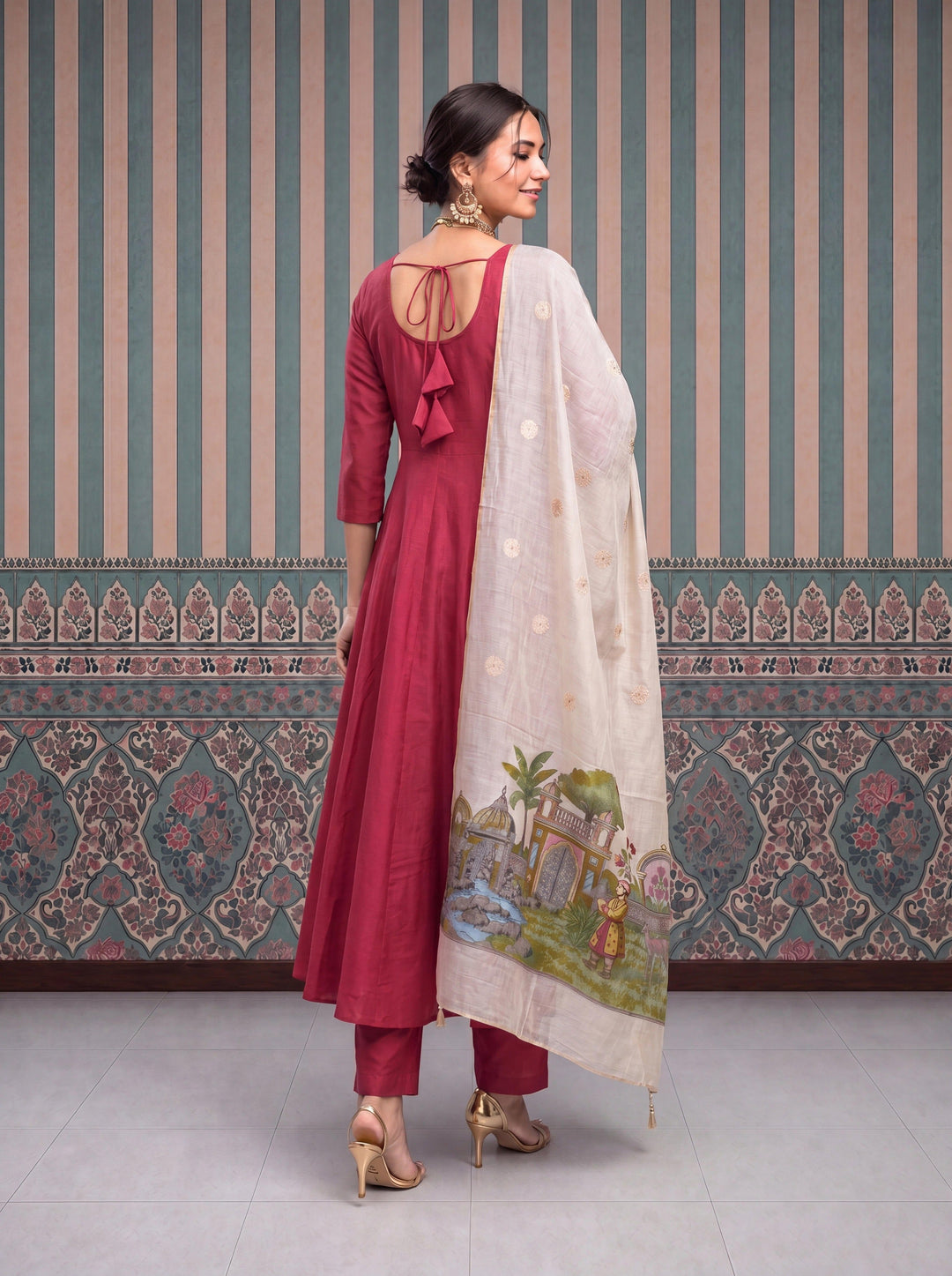 Mul Chanderi Anarkali Kurta Pant Dupatta Set
