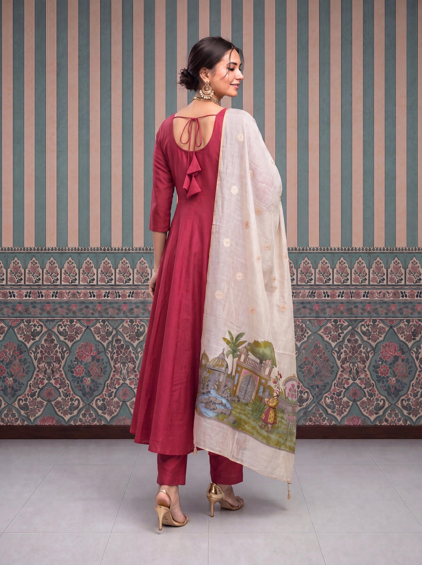 Mul Chanderi Anarkali Kurta Pant Dupatta Set