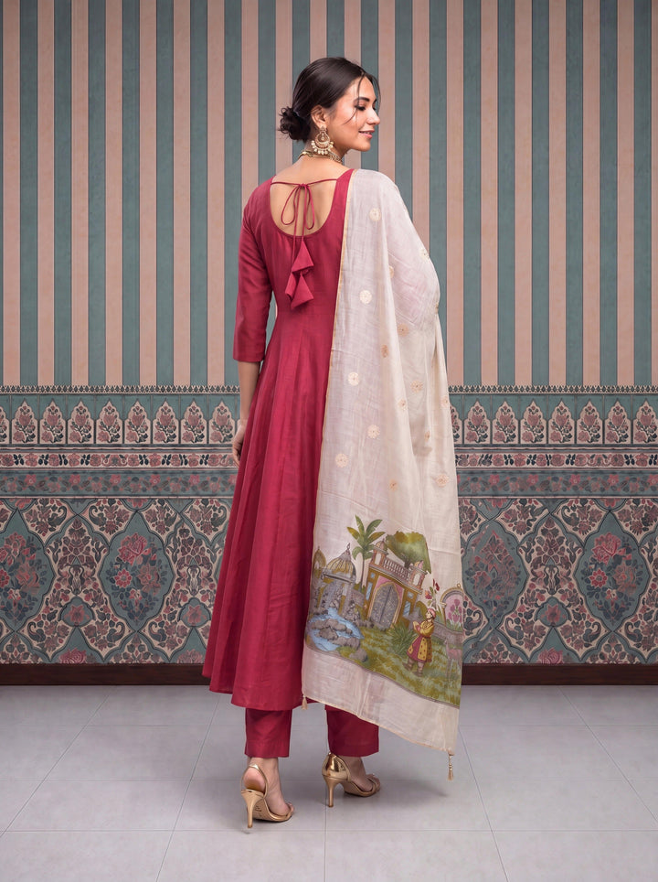 Mul Chanderi Anarkali Kurta Pant Dupatta Set