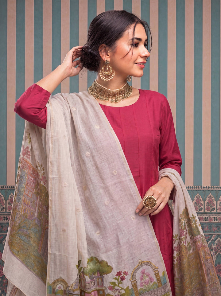 Mul Chanderi Anarkali Kurta Pant Dupatta Set