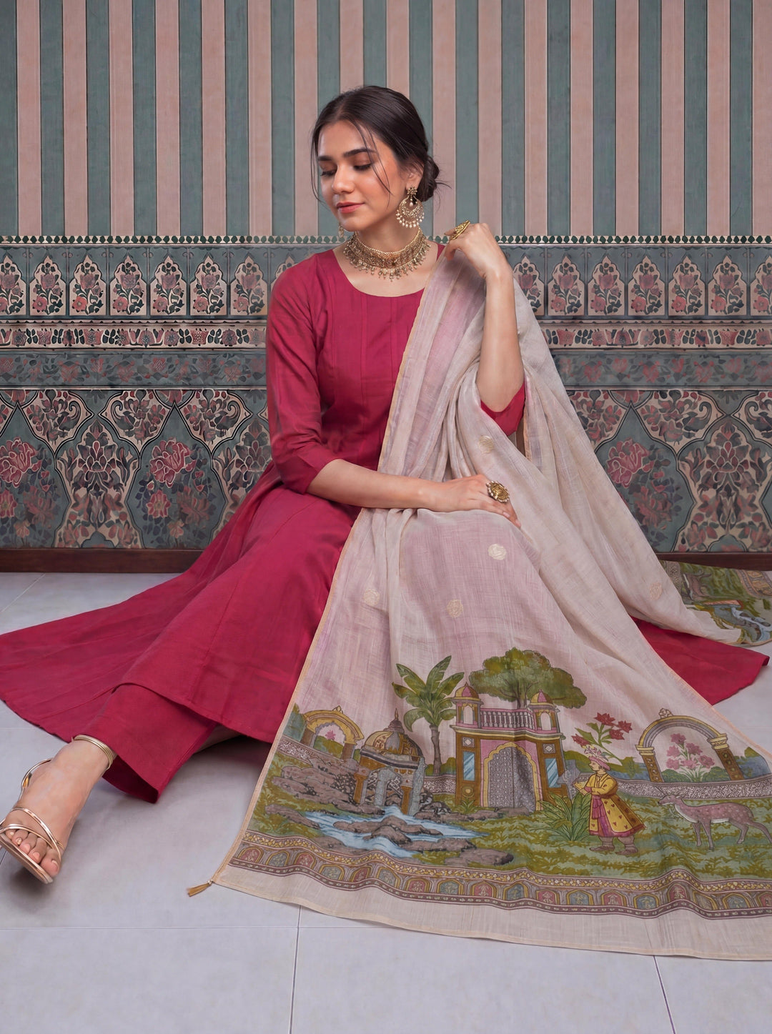 Mul Chanderi Anarkali Kurta Pant Dupatta Set
