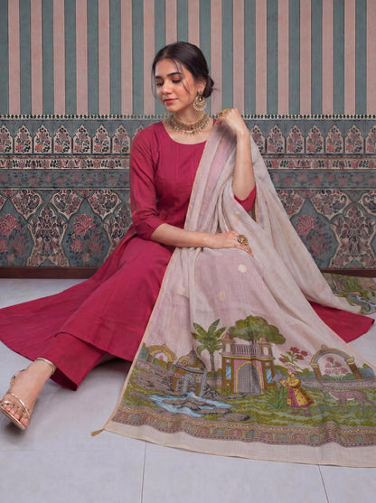 Mul Chanderi Anarkali Kurta Pant Dupatta Set