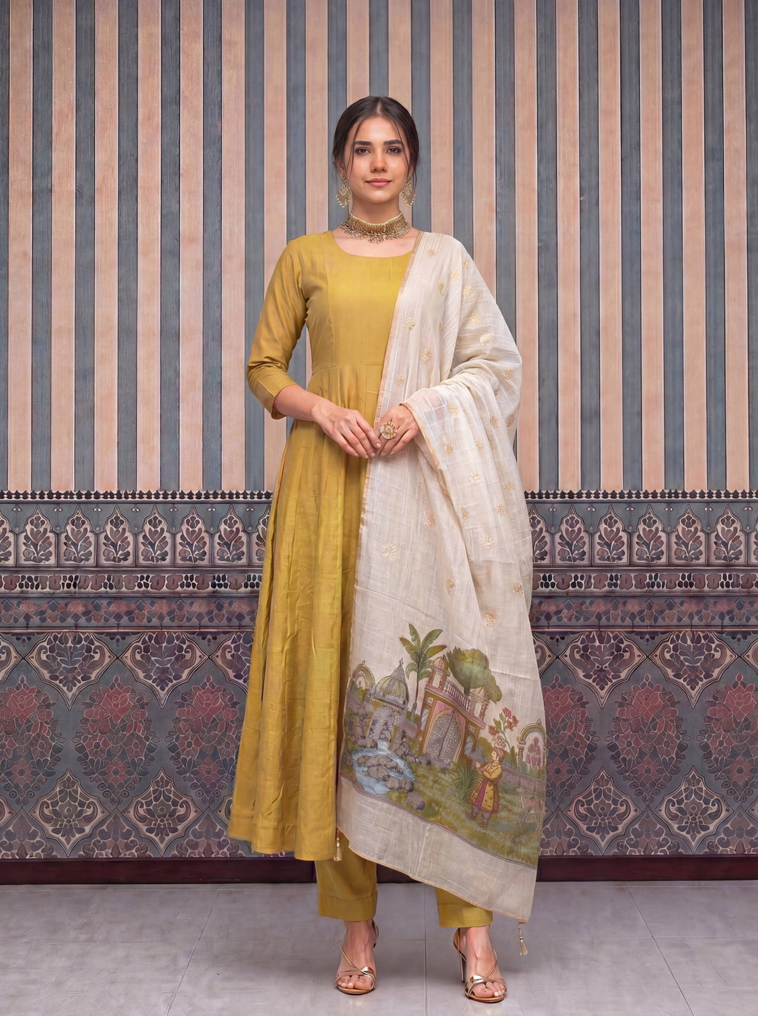 Mul Chanderi Anarkali Kurta Pant Dupatta Set