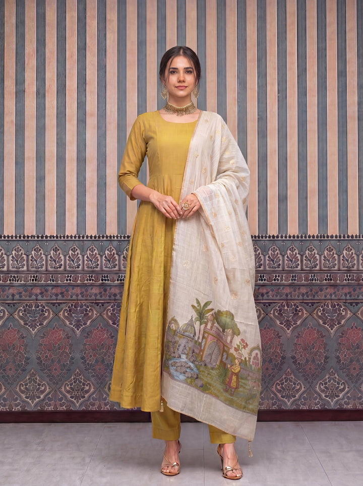 Mul Chanderi Anarkali Kurta Pant Dupatta Set