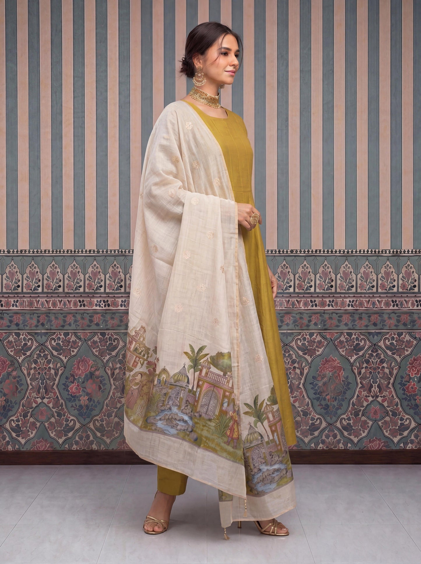 Mul Chanderi Anarkali Kurta Pant Dupatta Set