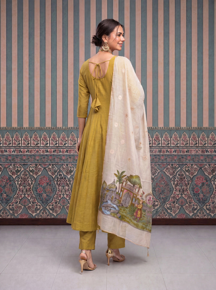 Mul Chanderi Anarkali Kurta Pant Dupatta Set