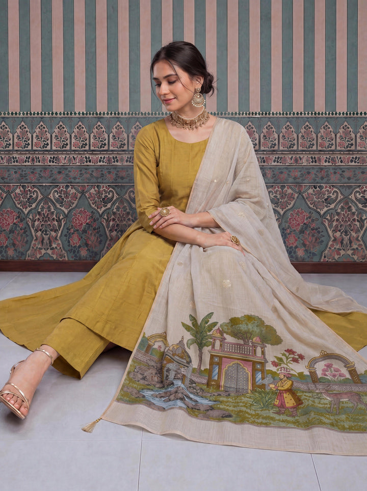 Mul Chanderi Anarkali Kurta Pant Dupatta Set