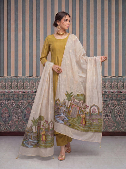 Mul Chanderi Anarkali Kurta Pant Dupatta Set