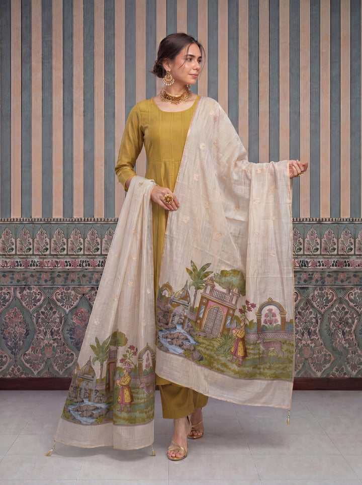 Mul Chanderi Anarkali Kurta Pant Dupatta Set