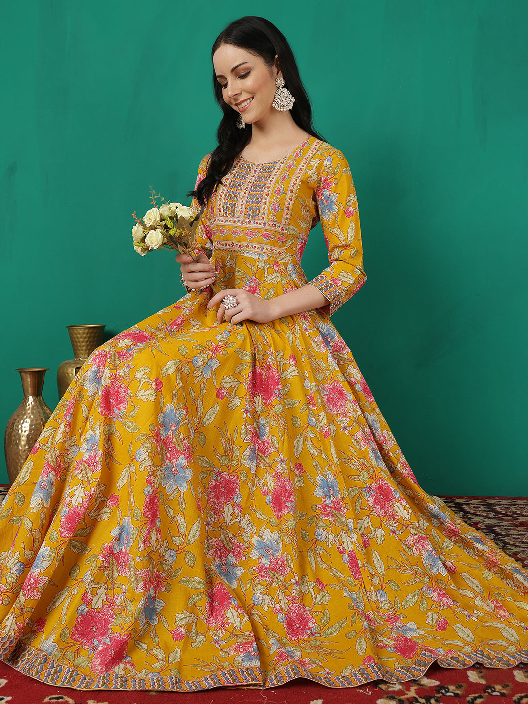 Women Rayon Printed Ankle Length Round Neck Anarkali Kurta
