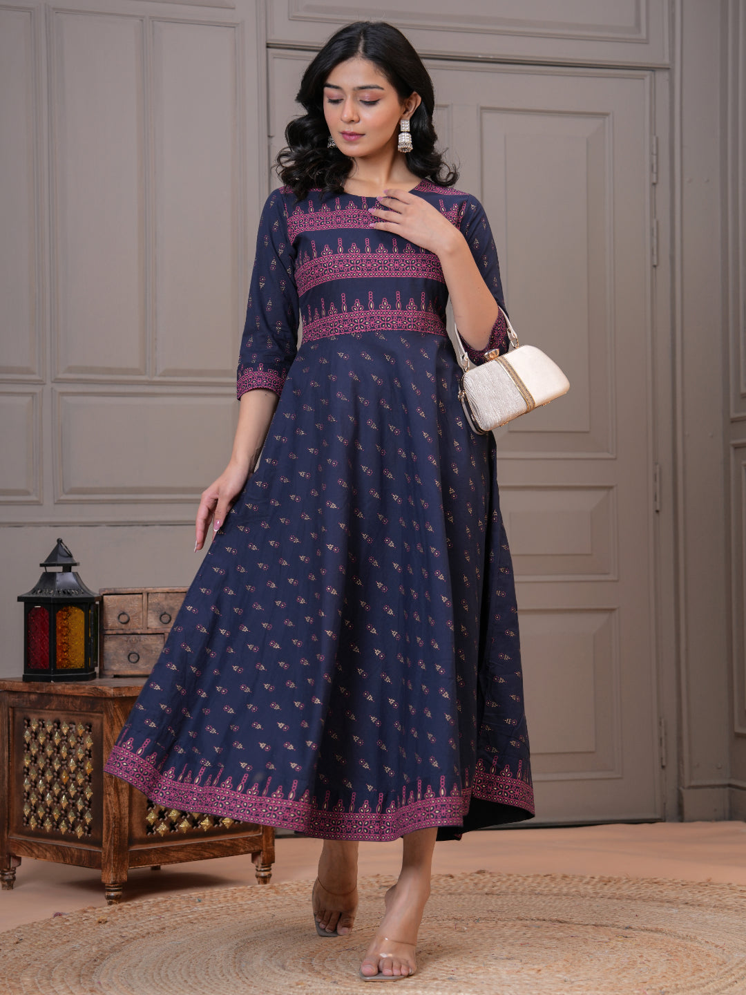 Women Cotton Printed Ankle Length Round Neck Anarkali Kurta