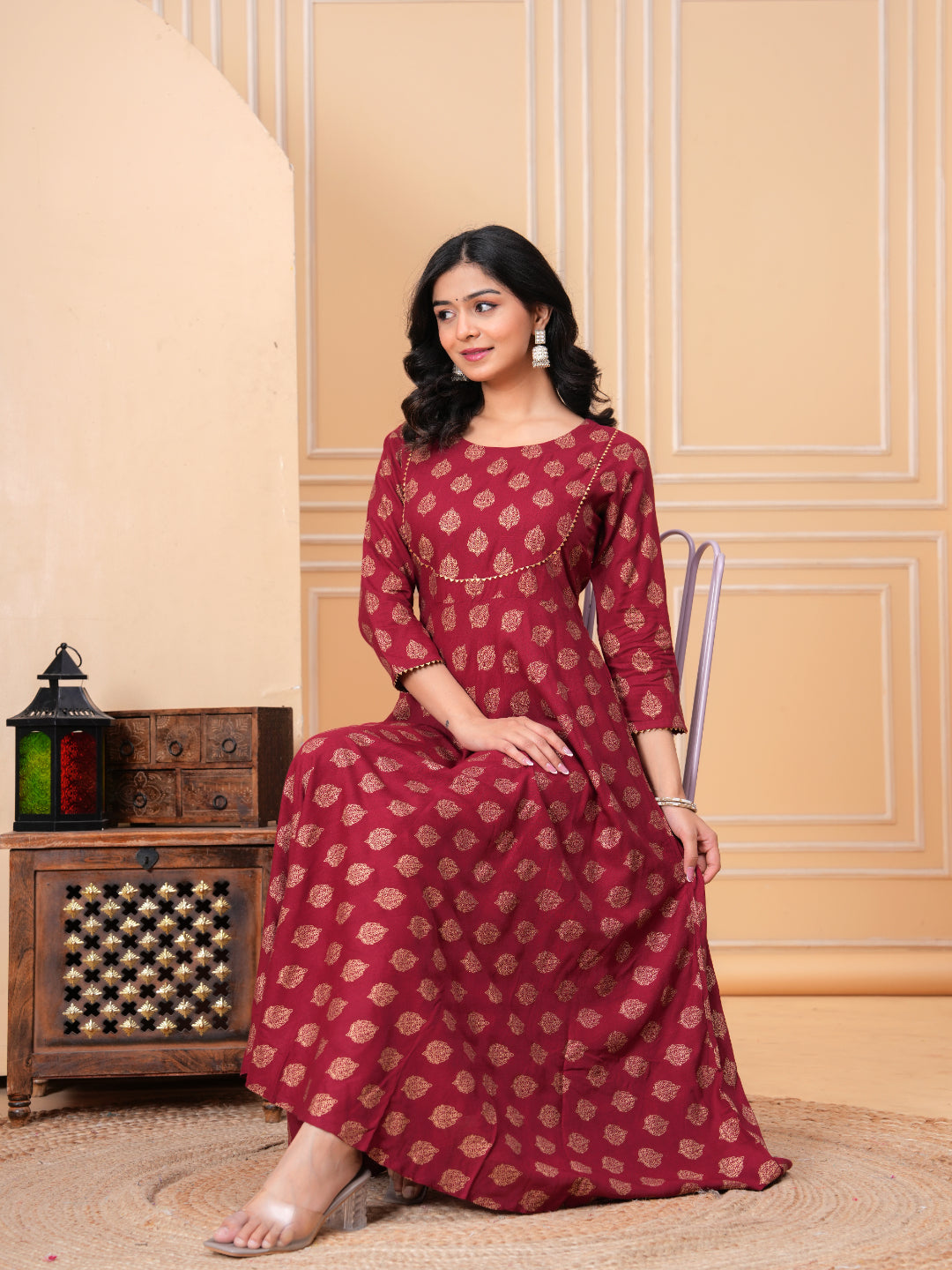 Women Cotton Printed Ankle Length Round Neck Anarkali Kurta