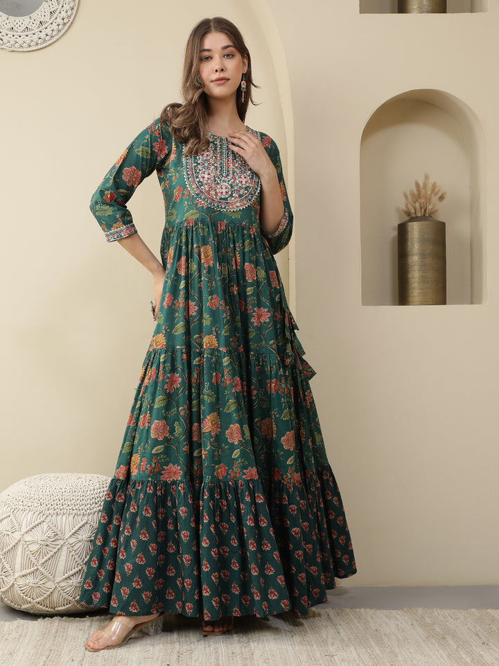 Floral Printed Embroidered Tiered Anarkali Kurta