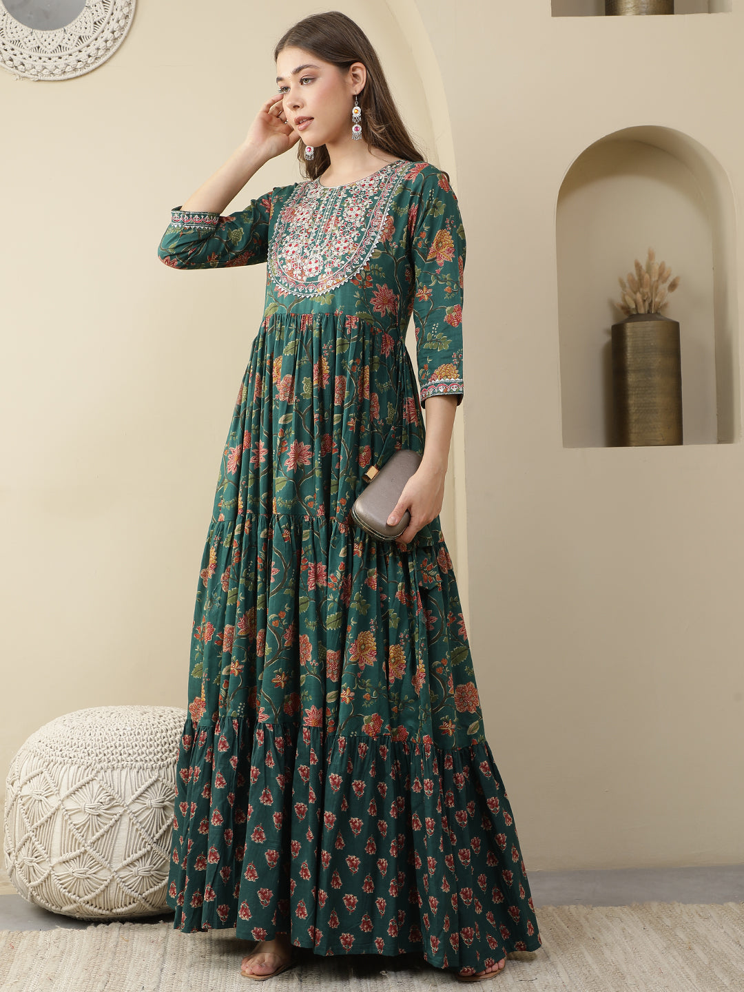 Floral Printed Embroidered Tiered Anarkali Kurta