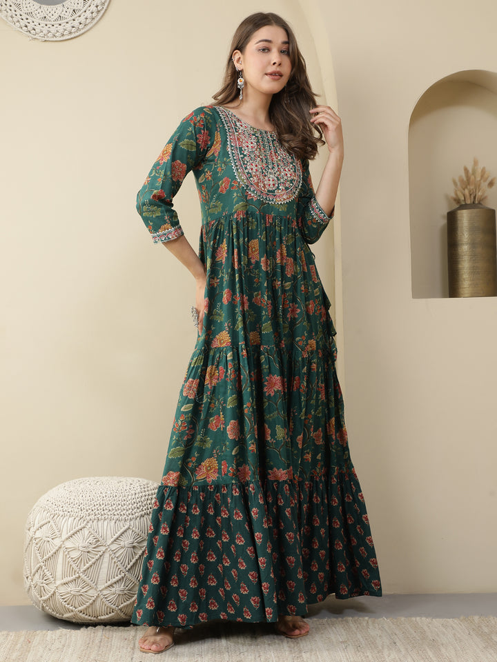 Floral Printed Embroidered Tiered Anarkali Kurta