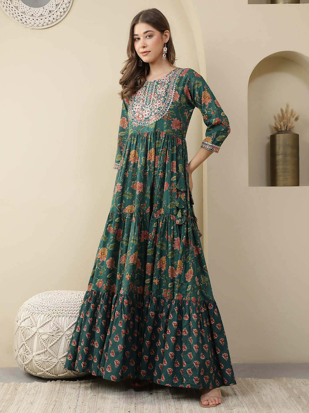 Floral Printed Embroidered Tiered Anarkali Kurta
