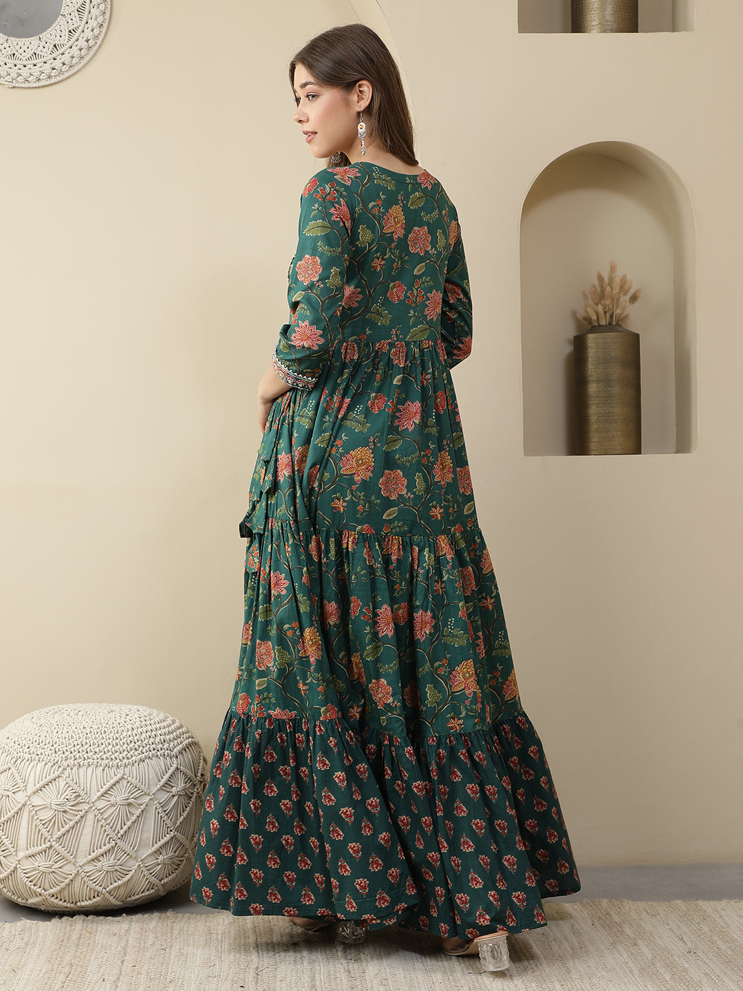 Floral Printed Embroidered Tiered Anarkali Kurta