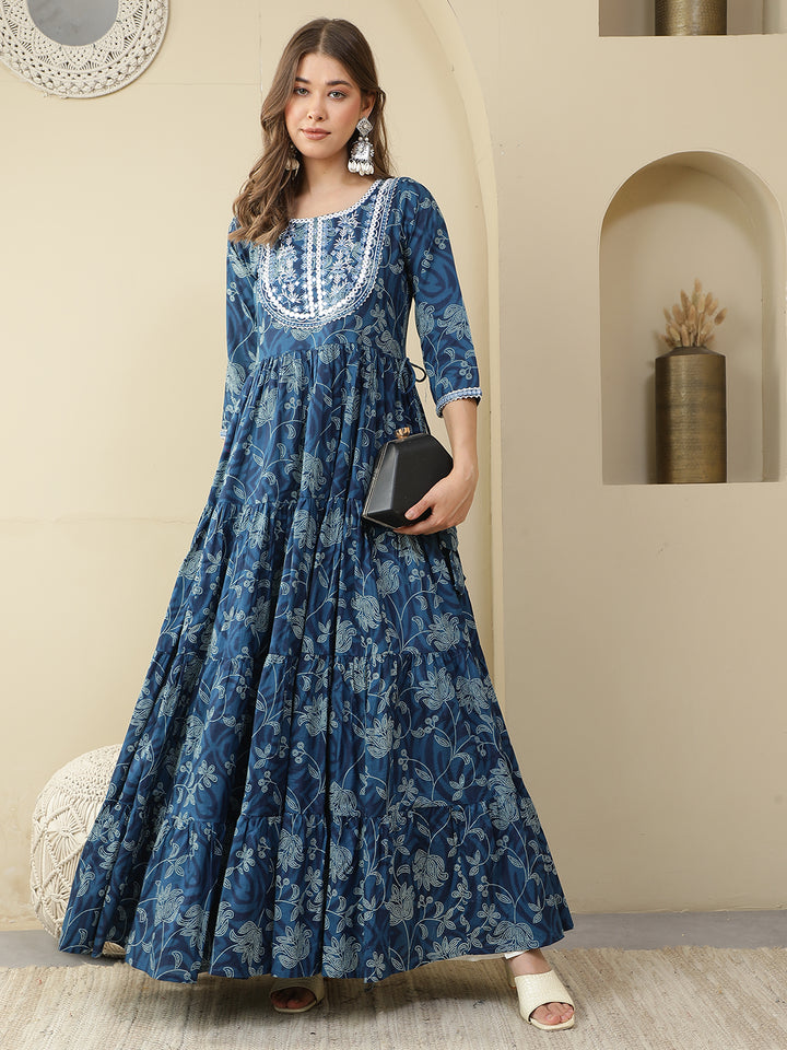 Floral Printed Embroidered Mirror Work Anarkali Kurta