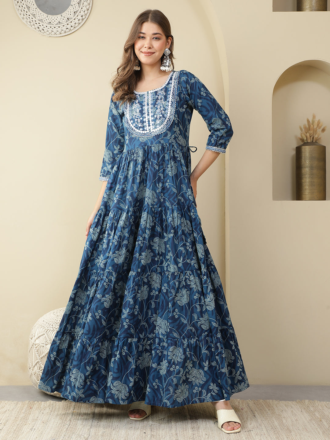 Floral Printed Embroidered Mirror Work Anarkali Kurta