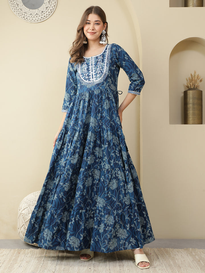 Floral Printed Embroidered Mirror Work Anarkali Kurta