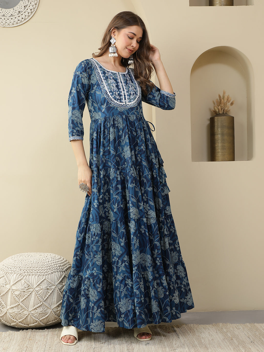Floral Printed Embroidered Mirror Work Anarkali Kurta