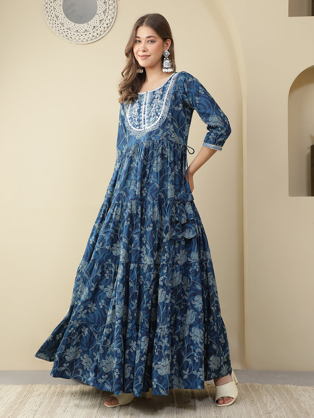 Floral Printed Embroidered Mirror Work Anarkali Kurta