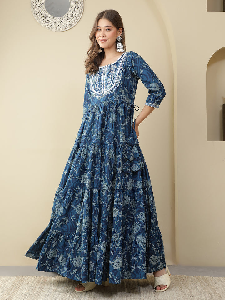 Floral Printed Embroidered Mirror Work Anarkali Kurta