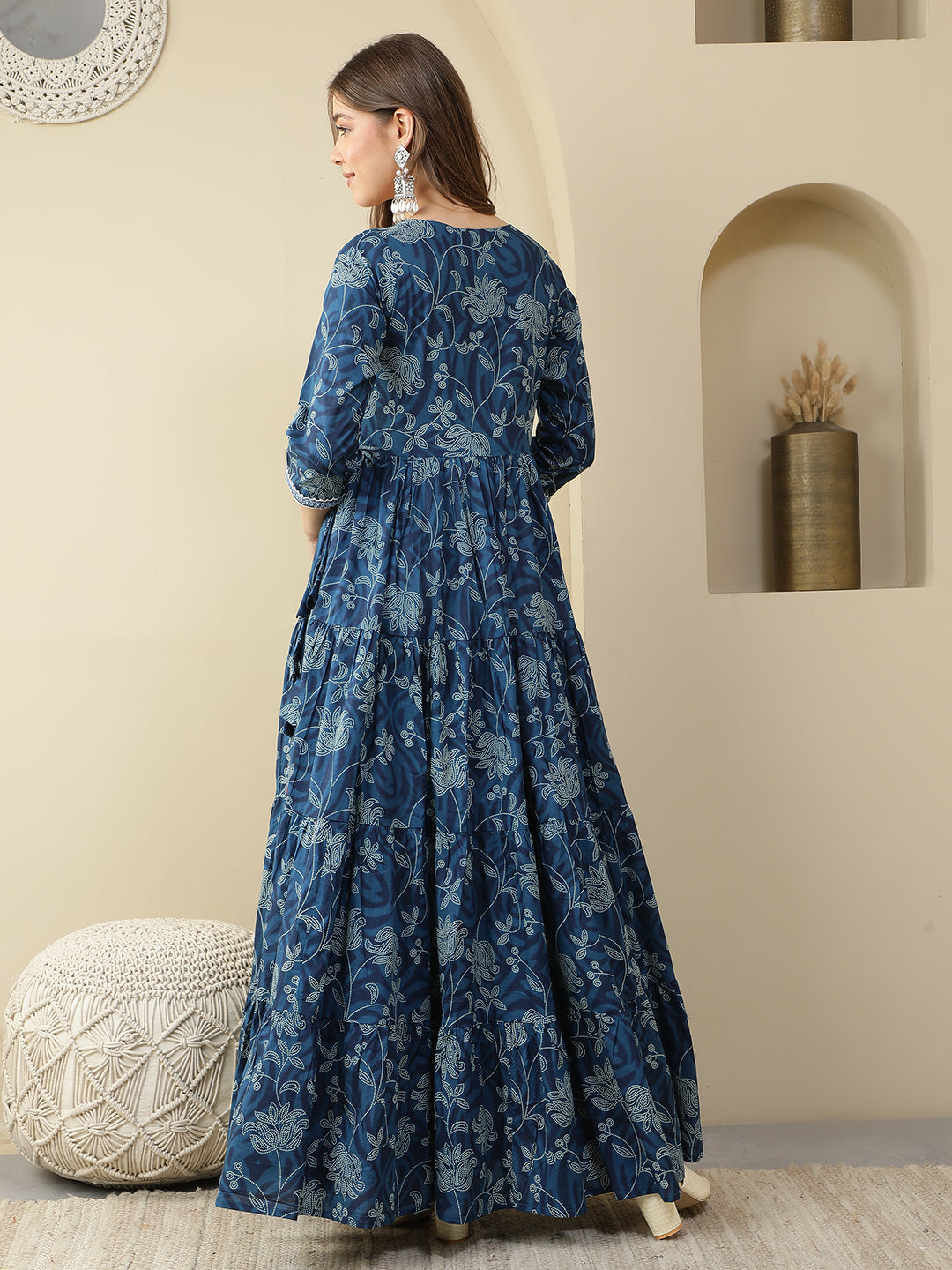 Floral Printed Embroidered Mirror Work Anarkali Kurta