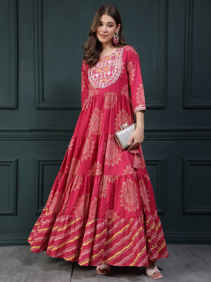 Floral Printed Embroidered Mirror Work Anarkali Kurta