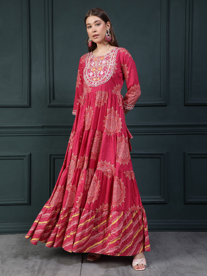 Floral Printed Embroidered Mirror Work Anarkali Kurta