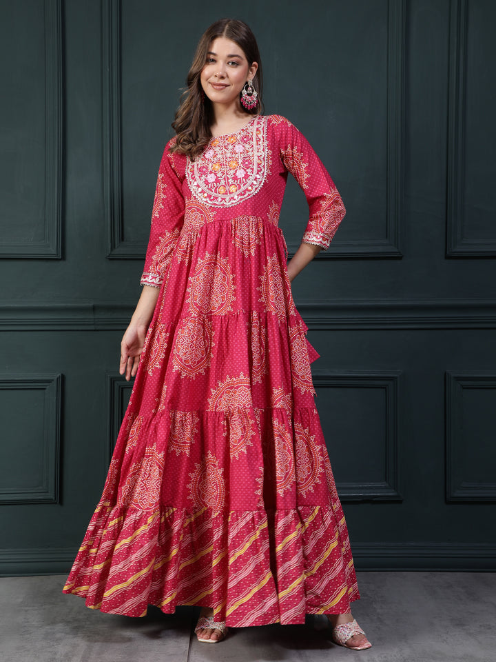 Floral Printed Embroidered Mirror Work Anarkali Kurta