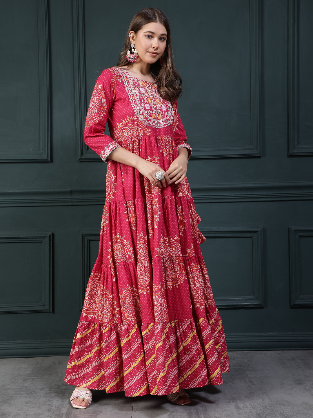 Floral Printed Embroidered Mirror Work Anarkali Kurta