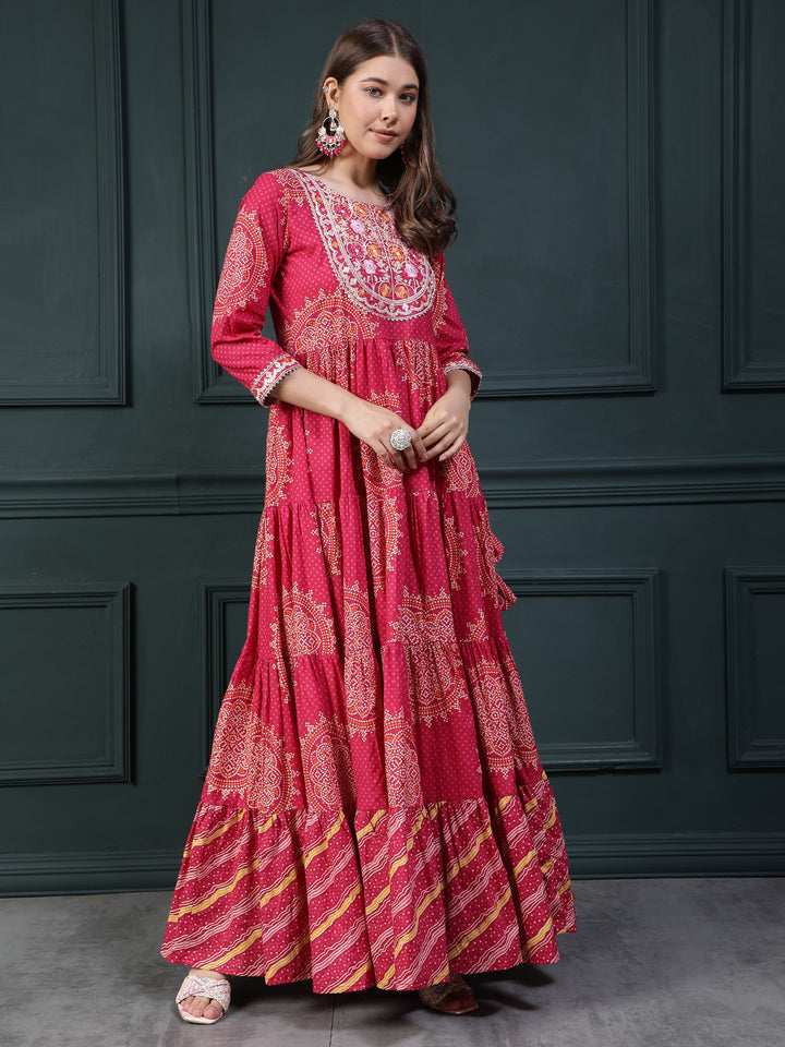 Floral Printed Embroidered Mirror Work Anarkali Kurta