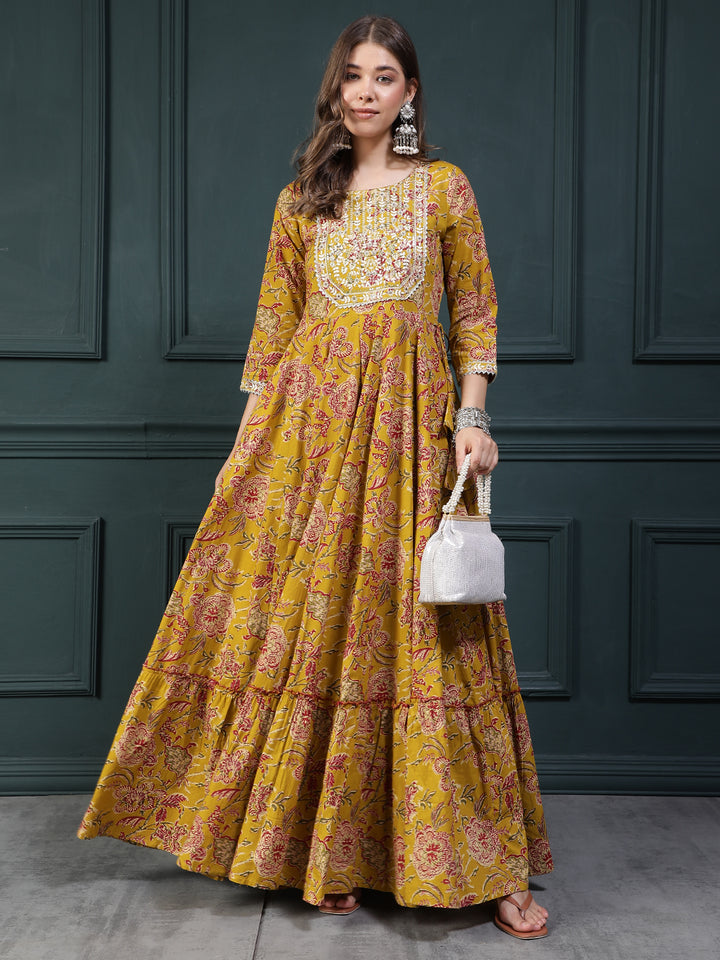 Ethnic Printed Embroidered Tiered Anarkali Kurta