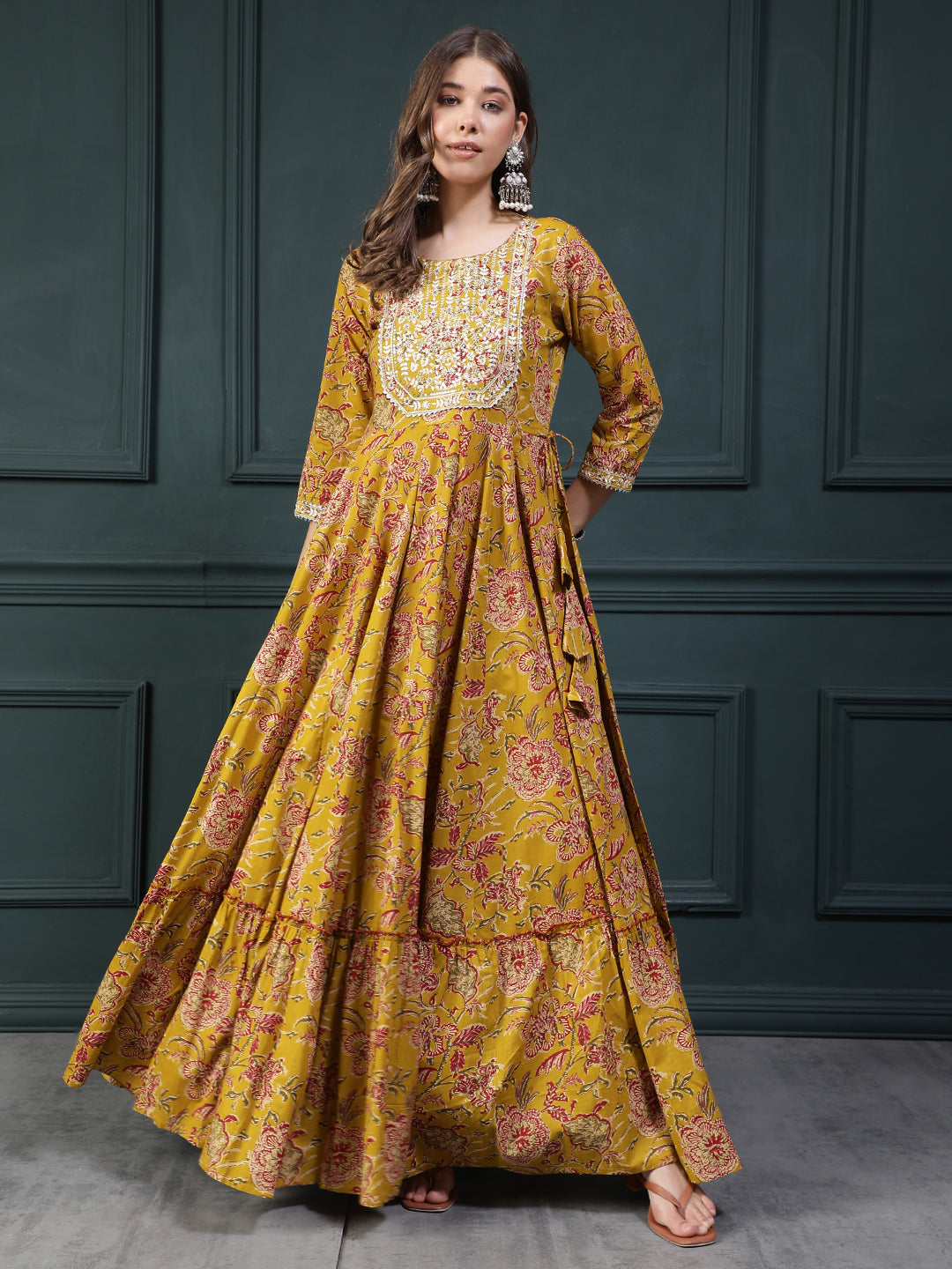 Ethnic Printed Embroidered Tiered Anarkali Kurta