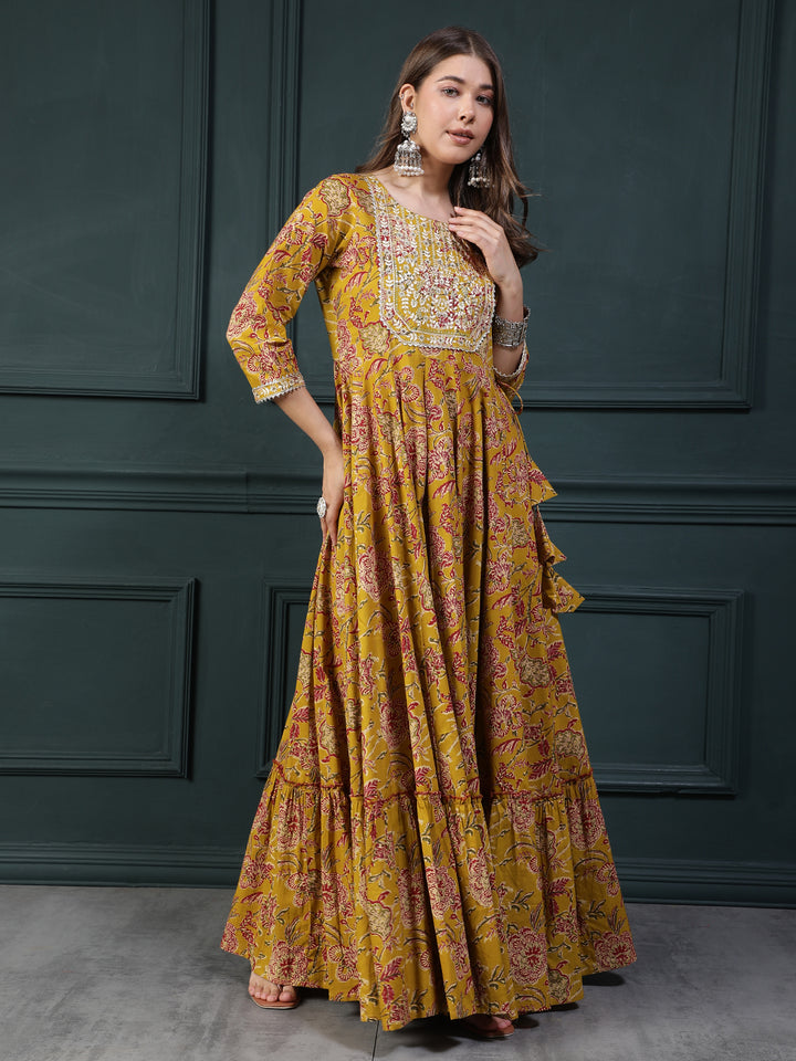 Ethnic Printed Embroidered Tiered Anarkali Kurta
