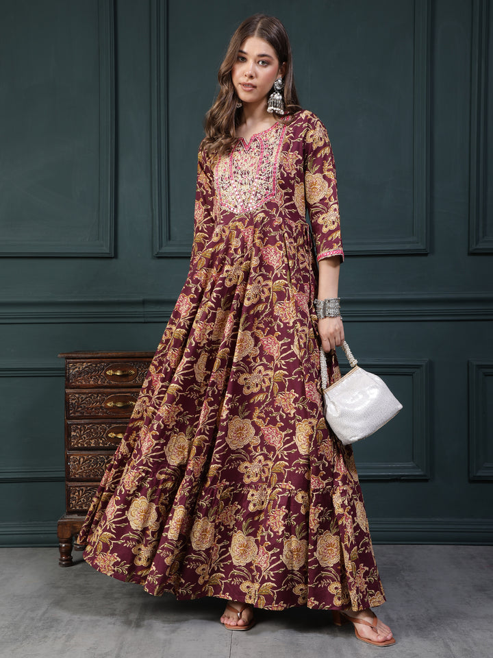 Floral Printed Embroidered Mirror Work Anarkali Kurta