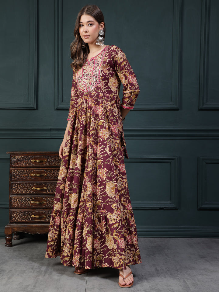 Floral Printed Embroidered Mirror Work Anarkali Kurta
