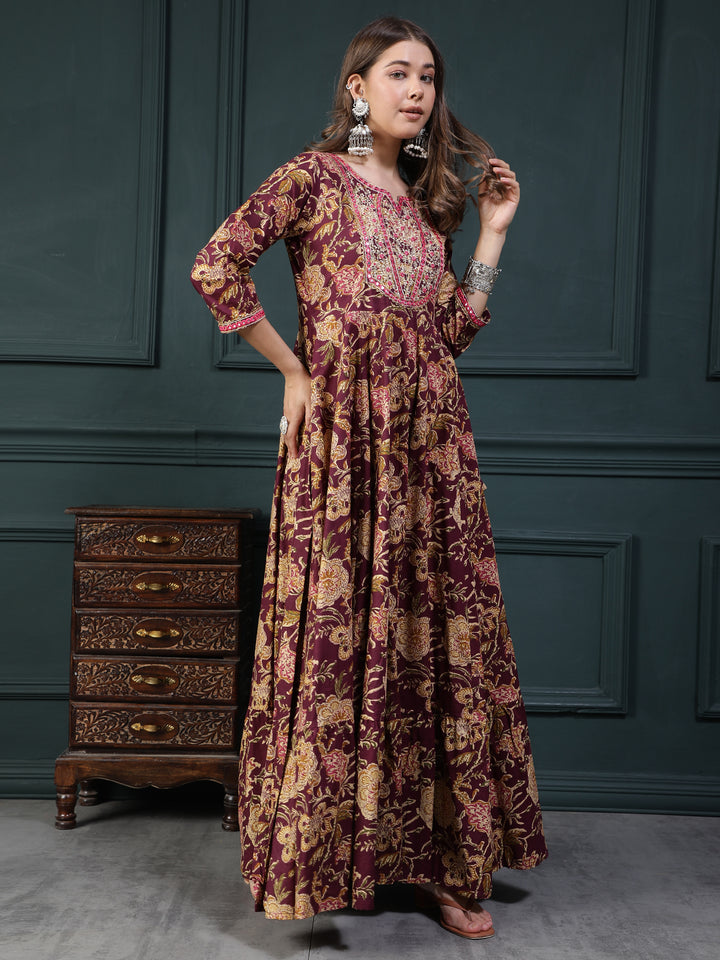 Floral Printed Embroidered Mirror Work Anarkali Kurta